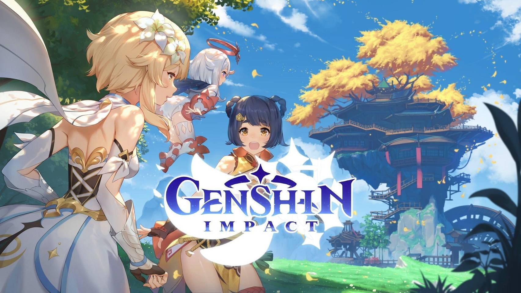 Imagem apresentando o nome "Genshin Impact", mais três personagens jogáveis e uma cidade em cima de uma árvore