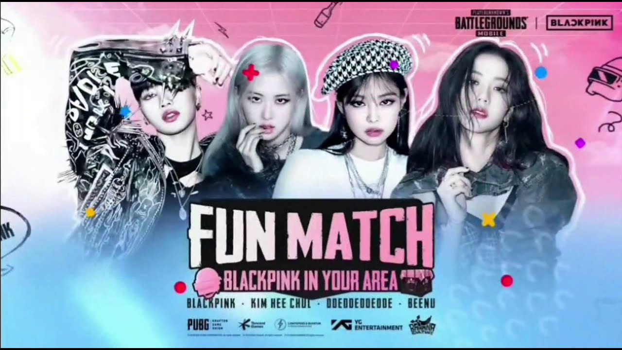 Imagem apresentando as quatro principais integrante do grupo BLACKPINK apresentando o nome do evento "Fun Match" em cima das integrantes