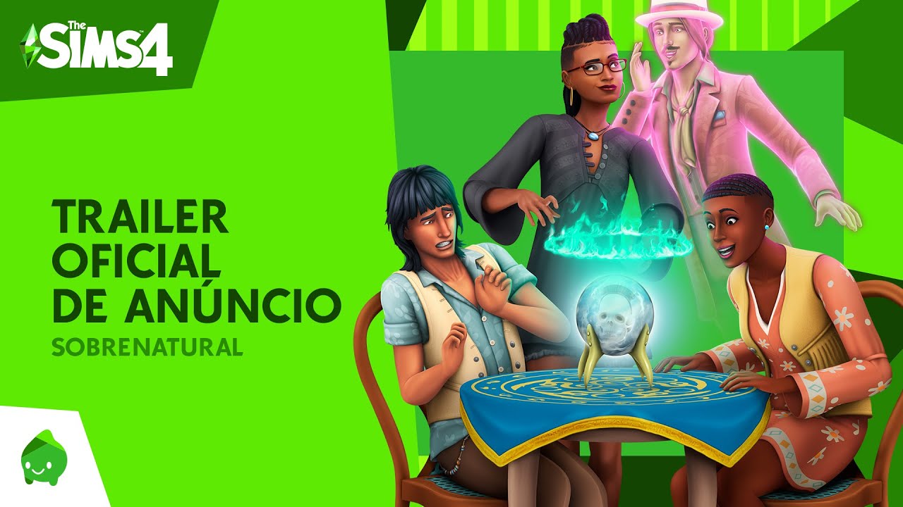 Imagem de anúncio do pacote The Sims 4: Sobrenatural, com 3 pessoas sobre uma mesa sobre a qual tem uma bola de cristal. Também tem um fantasma ao fundo