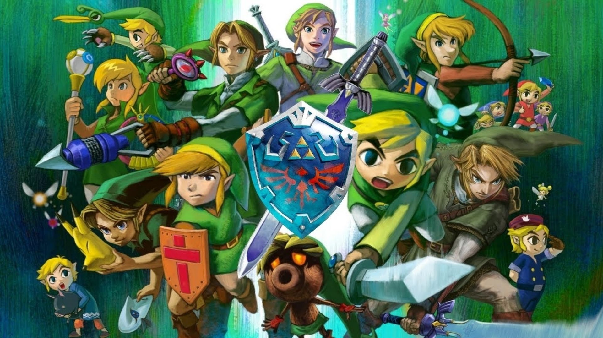 Representação de diversos Link nos mais variados jogos de The Legend Of Zelda, mostrando a evolução no design do personagem
