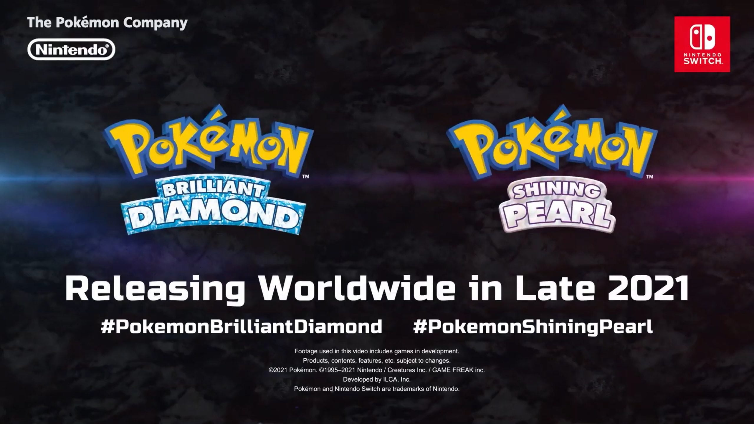 Imagem de divulgação com a logo de Pokémon Brilliant Diamond e Shining Pearl e anunciando a data de lançamento para o fim de 2021