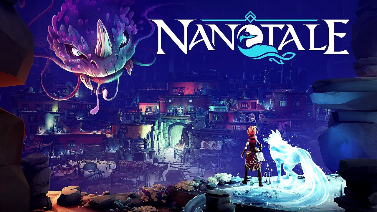 A imagem mostra uma garota ruiva ao lado de uma raposa espiritual à direita, enquanto há um dragão à esquerda. No canto superior direito, está escrito o título do game: Nanotale.