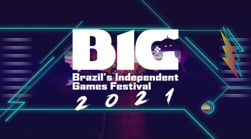 Imagem com a logo do BIG Festival 2021 em um fundo roxo, e um controle desenhado na letra G