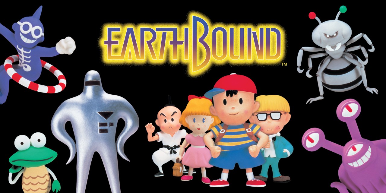 Imagem de divulgação de Earthbound mostrando, à direita, três inimigos do game (Yes Man Jr., armored frog e starman), no centro os personagens principais (Da esquerda pra direita: Poo, Paula, Ness e Jeff) e à direita outros 2 inimigos (Titanic Ant e Lesser Mook)