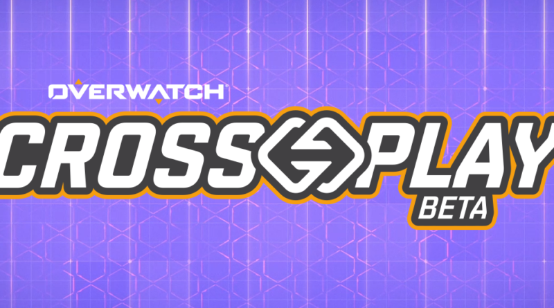 Imagem mostrando a logo oficial de Overwatch Cross-Play Beta em letras brancas sombreadas de laranja, com fundo roxo