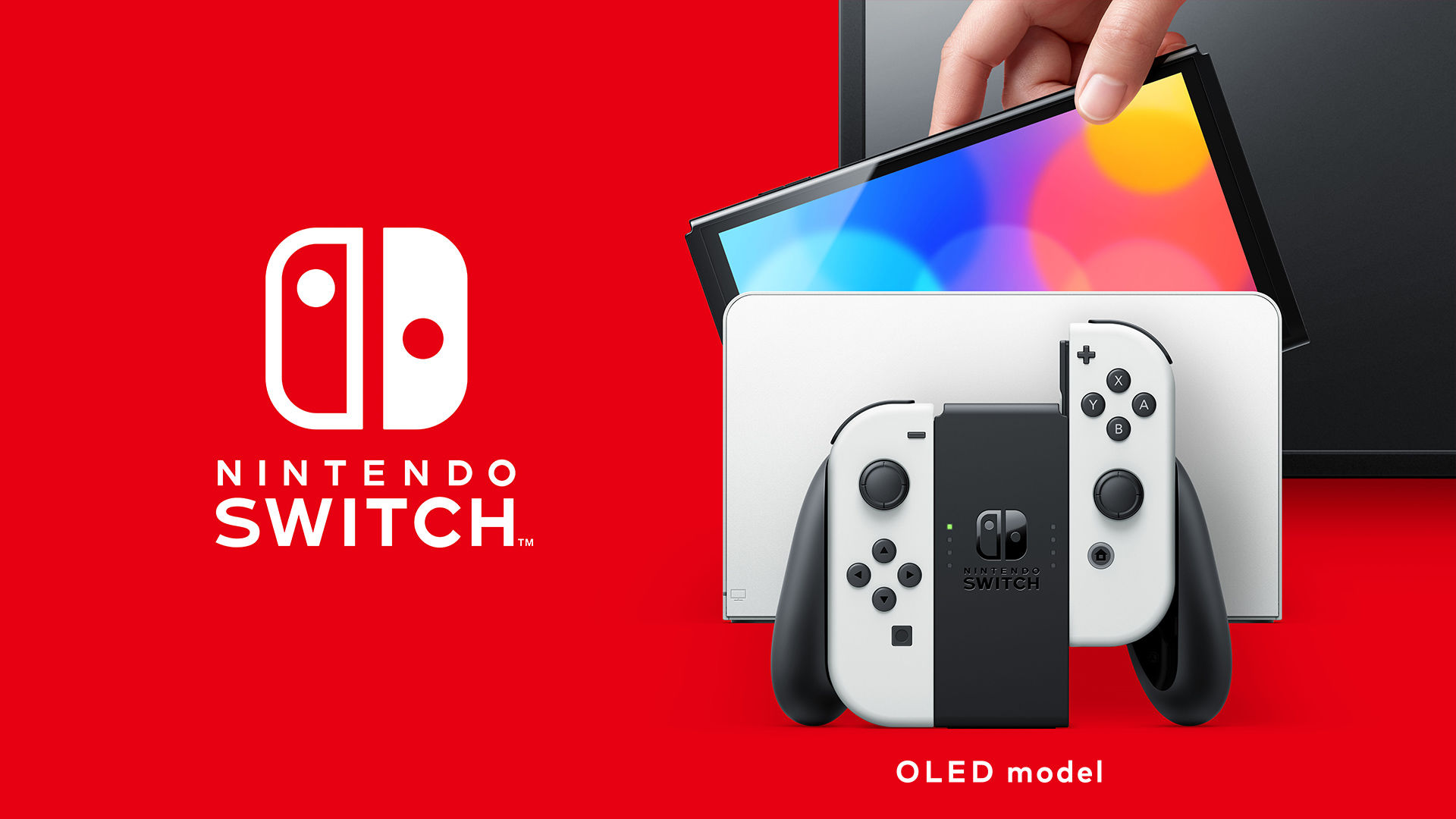 Imagem com fundo vermelho mostrando à direita o logo do Nintendo Switch. À direita, está o console com seu controle à frente e atrás uma televisão.