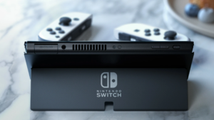 imagem mostrando um nintendo switch OLED utilizando o novo suporte ao centro, e atrás dele dois controles do console em cor cinza.
