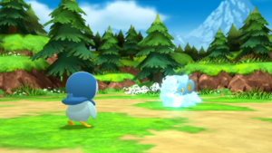 Imagem mostrando um fundo de floresta bastante saturado com muitas árvores e, em primeiro plano, um pokémon pinguim soltando bolhas em outro à sua frente.