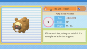 Imagem mostrando informações sobre um pokémon castor onde se lê: Número 13, Bidoof.
