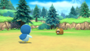 imagem com fundo de florestas e, em primeiro plano, um pokémon pinguim e um pokémon castor.