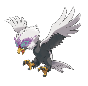 Pokémon em formato de ave com o centro do corpo preto e as asas e pelo da cabeça brancos. Próximo ao rosto, há dois olhos fantasmagóricos.