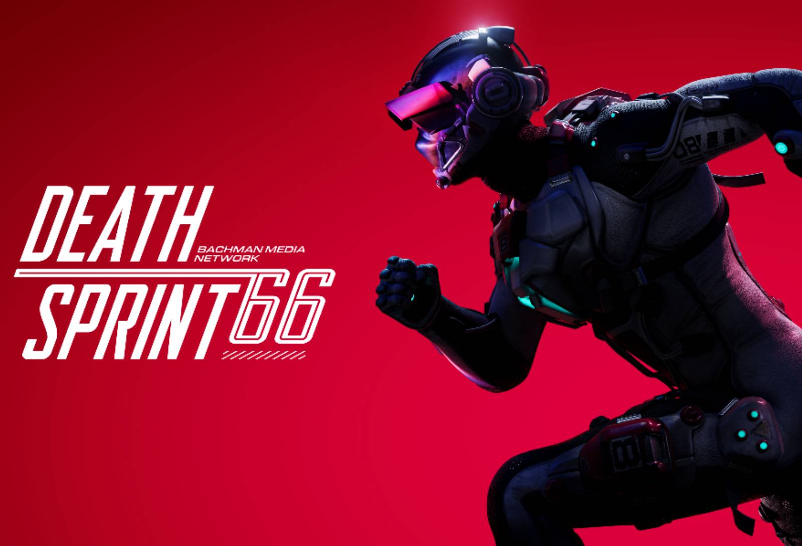 DEATHPRINT 66, o nome do jogo, e um corredor vestido todo de preto com um visor rosa no topo do capacete, que também é preto