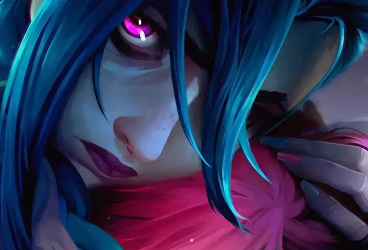 Jinx abraçando a cabeça de Vi no cartaz da segunda temporada de Arcane