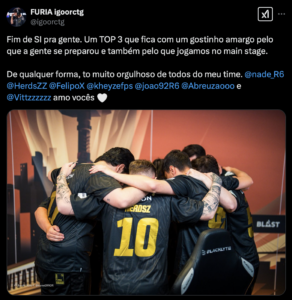 Tweet de Igooctg após eliminação do campeonato. Imagem: Reprodução/@igoorctg