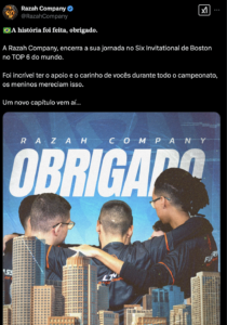 Tweet da organização após eliminação do campeonato. Imagem: Reprodução/@RazahCompany