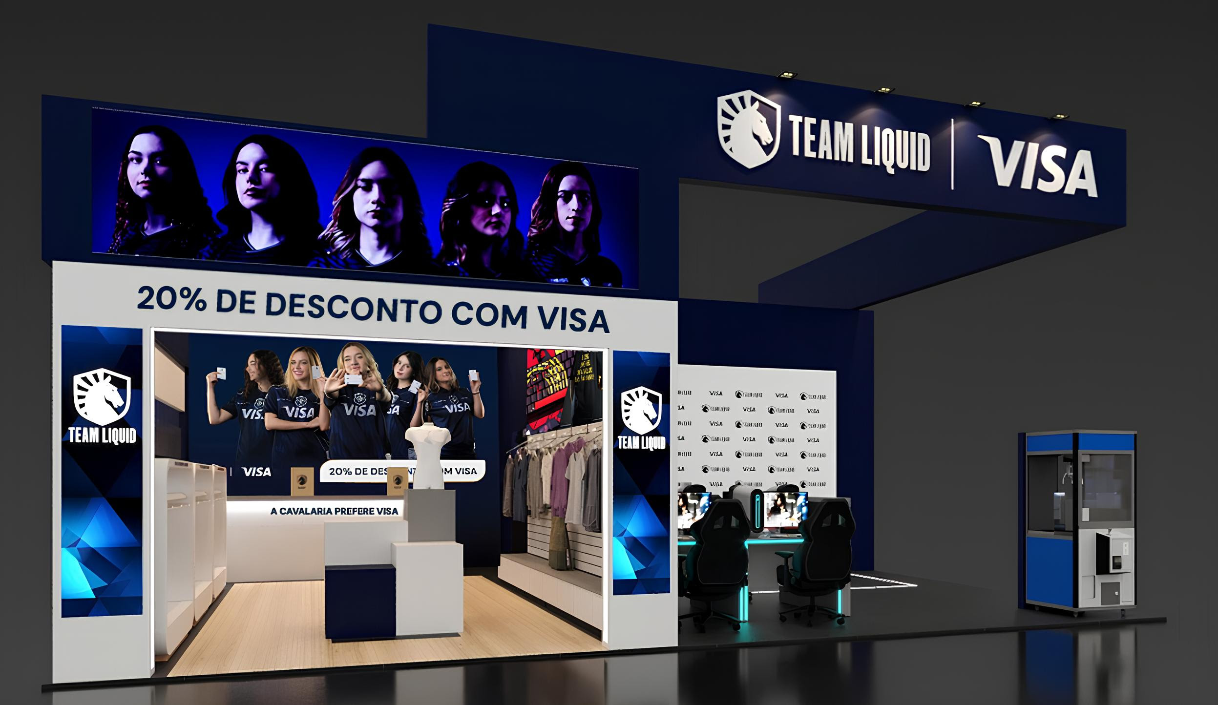 Estande da Team Liquid ao lado da Visa na gamescom latam 2025 – Imagem: Divulgação/Team Liquid
